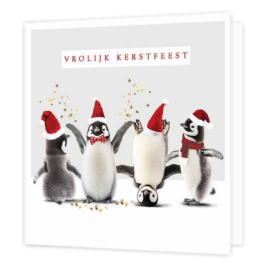 Vrolijk kerstfeest - Formaat: Groot - Vorm: Vierkant - Kerstkaart - Op deze kerstkaart staan vier pinguins met kerstmutsen op en daarboven de tekst: "Vrolijk kerstfeest". - Snelwenskaart