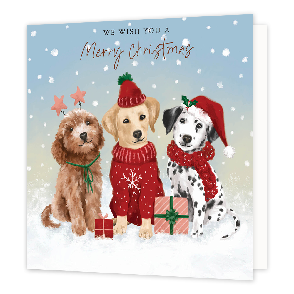 We wish you a merry christmas - Formaat: Groot - Vorm: Vierkant - Kerstkaart - Op deze kerstkaart staan drie honden met daarboven de tekst: "We wish you a merry christmast". - Snelwenskaart