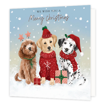 We wish you a merry christmas - Formaat: Groot - Vorm: Vierkant - Kerstkaart - Op deze kerstkaart staan drie honden met daarboven de tekst: "We wish you a merry christmast". - Snelwenskaart