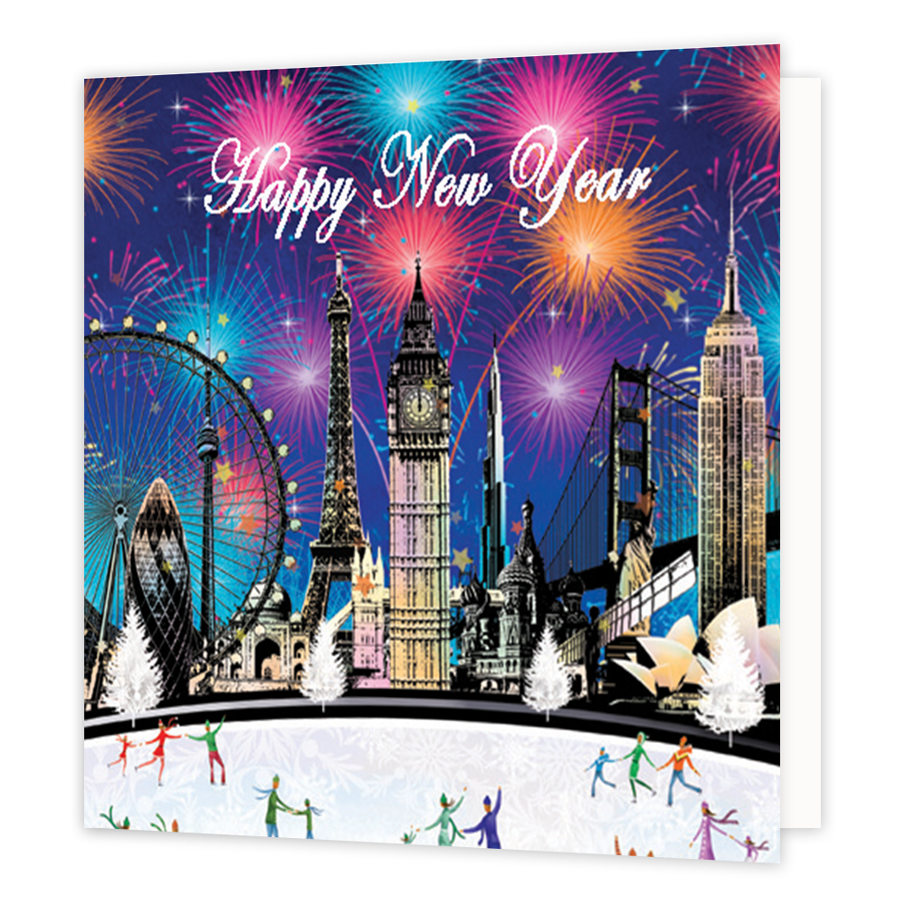 Happy new year - Formaat: Groot - Vorm: Vierkant - Kerstkaart - Op deze kerstkaart staat de London skyline met vuuwerk en de tekst: "Happy new year". - Snelwenskaart