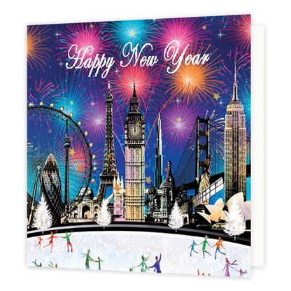 Happy new year - Formaat: Groot - Vorm: Vierkant - Kerstkaart - Op deze kerstkaart staat de London skyline met vuuwerk en de tekst: "Happy new year". - Snelwenskaart