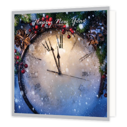 Happy new year - Formaat: Groot - Vorm: Vierkant - Kerstkaart - Op deze kerstkaart staat een klok met daarboven de tekst: "Happy new year". - Snelwenskaart