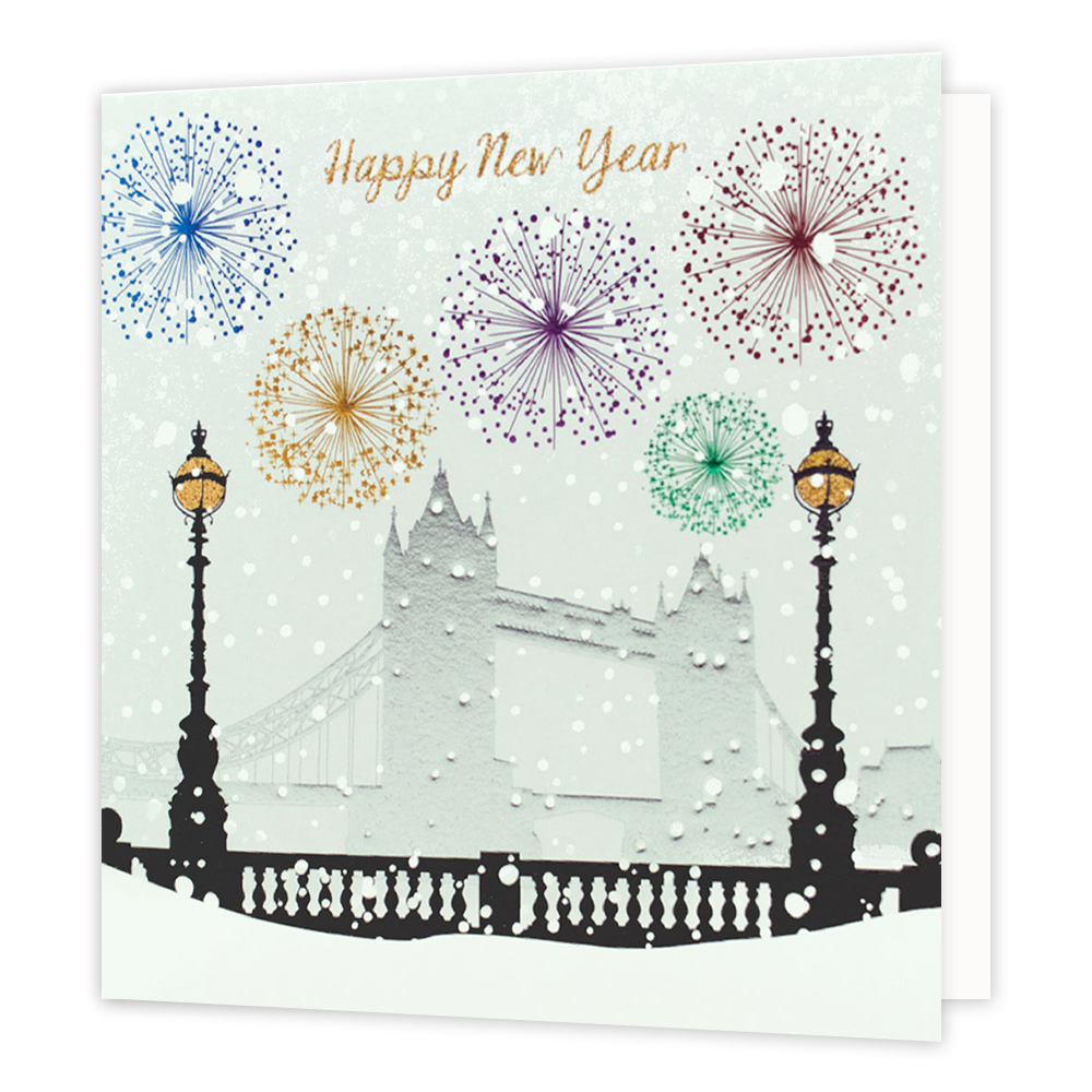 Happy new year - Formaat: Groot - Vorm: Vierkant - Kerstkaart - Op deze kerstkaart staat de Tower Bridge in London met vuurwerk en de tekst: "Happy new year". - Snelwenskaart