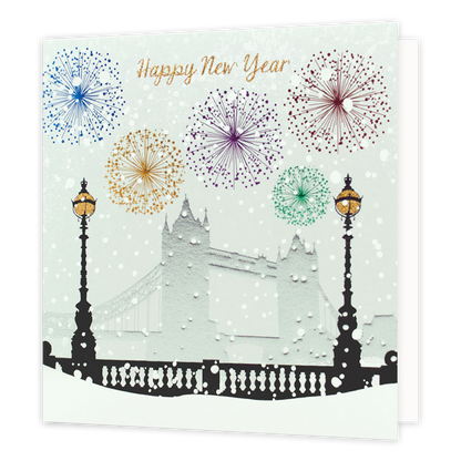 Happy new year - Formaat: Groot - Vorm: Vierkant - Kerstkaart - Op deze kerstkaart staat de Tower Bridge in London met vuurwerk en de tekst: "Happy new year". - Snelwenskaart