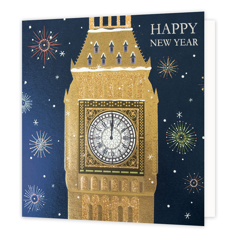 Happy new year - Formaat: Groot - Vorm: Vierkant - Kerstkaart - Op deze kerstkaart staat de Big Ben in London met vuurwerk en de tekst: "Happy new year". - Snelwenskaart