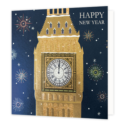 Happy new year - Formaat: Groot - Vorm: Vierkant - Kerstkaart - Op deze kerstkaart staat de Big Ben in London met vuurwerk en de tekst: "Happy new year". - Snelwenskaart