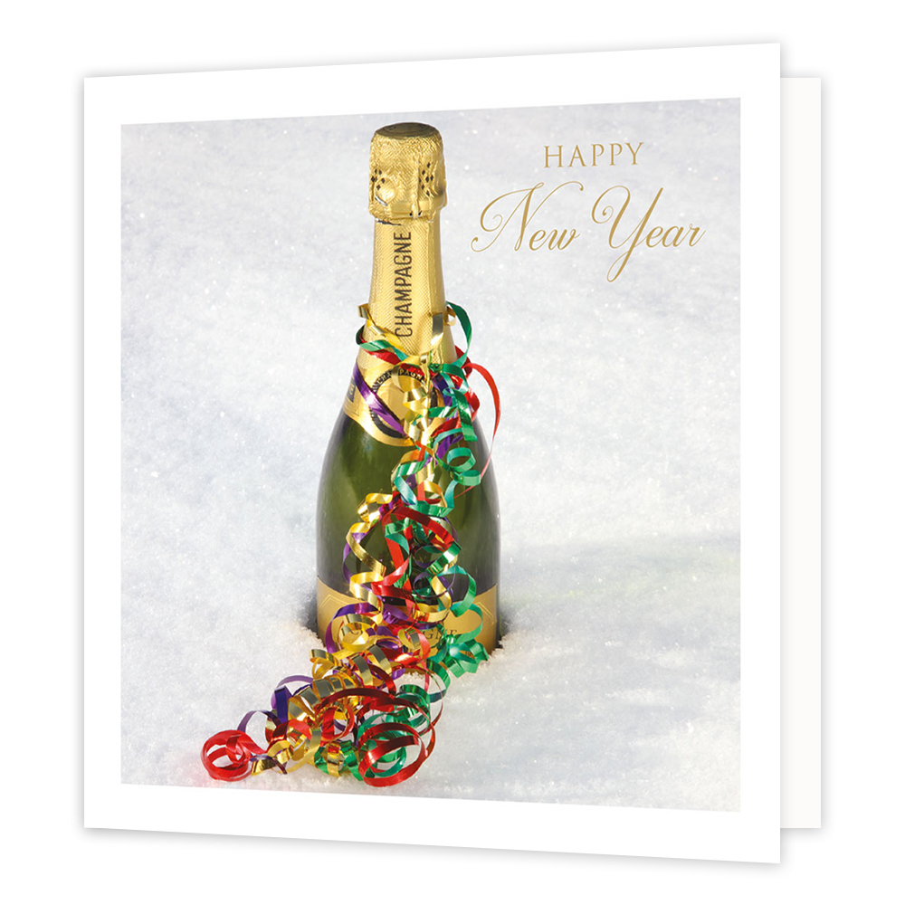 Happy new year - Formaat: Groot - Vorm: Vierkant - Kerstkaart - Op deze kerstkaart staat een fles champagne in de sneeuw met de tekst: "Happy new year". - Snelwenskaart
