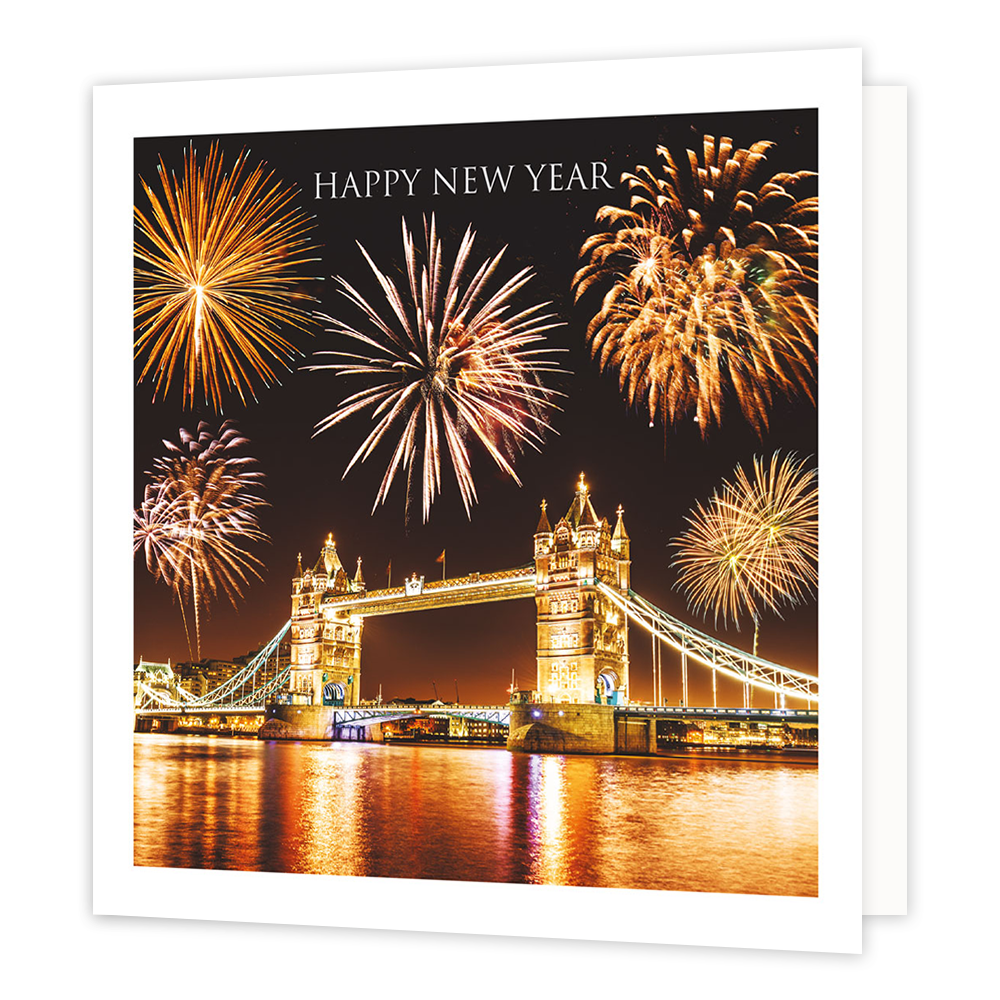 Happy new year - Formaat: Groot - Vorm: Vierkant - Kerstkaart - Op deze kerstkaart staat de Tower Bridge in London met vuurwerk en de tekst: "Happy new year". - Snelwenskaart