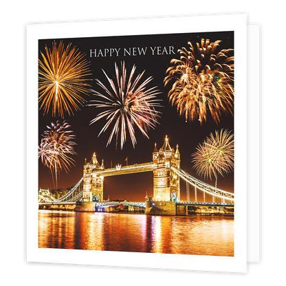 Happy new year - Formaat: Groot - Vorm: Vierkant - Kerstkaart - Op deze kerstkaart staat de Tower Bridge in London met vuurwerk en de tekst: "Happy new year". - Snelwenskaart