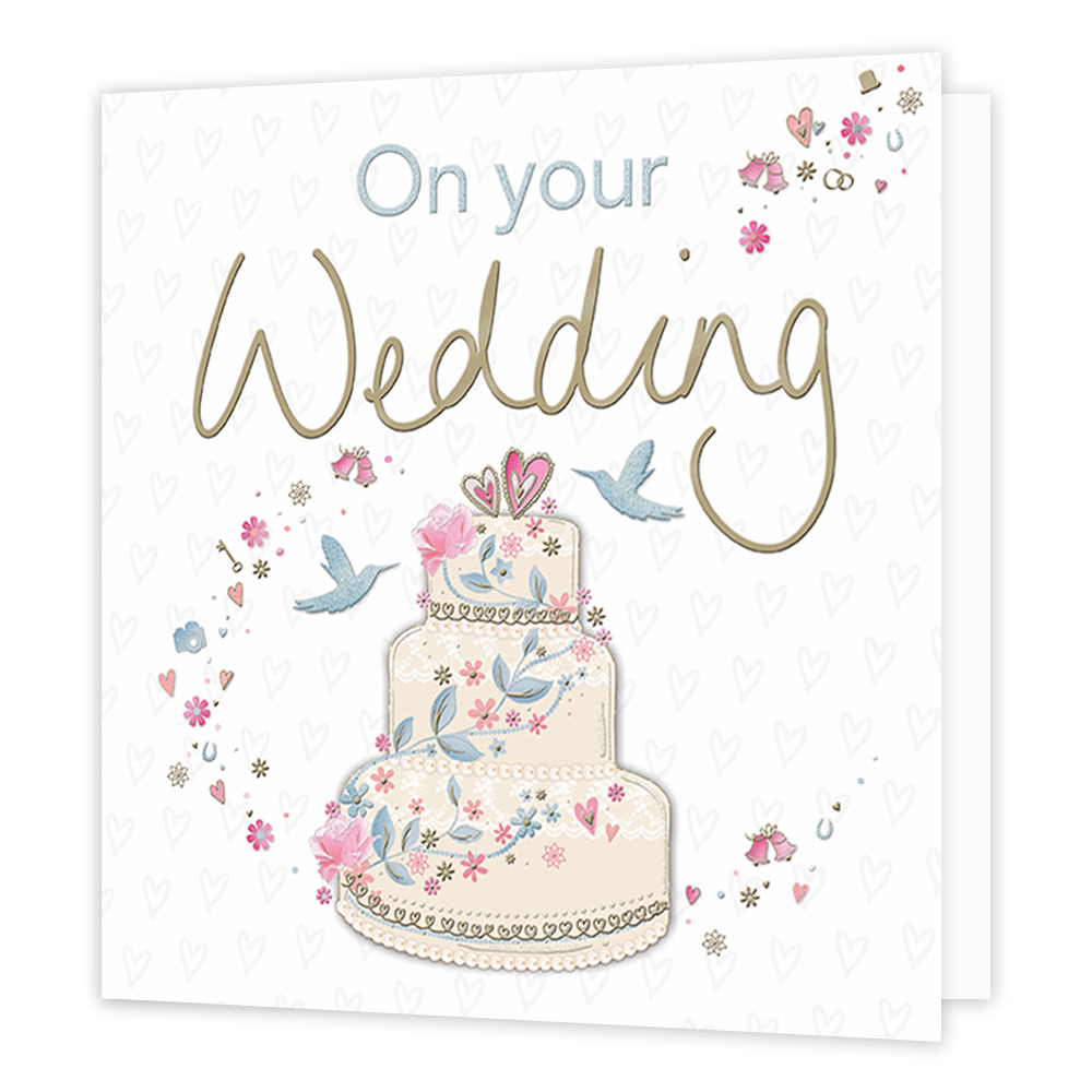 XL kaart - On your wedding - Formaat: Groot - Vorm: Vierkant - Huwelijkskaart - Op deze wenskaart staat een bruidstaart omringt door vogels en bloemen. Bovenaan staan de tekst: "On your wedding". - Snelwenskaart