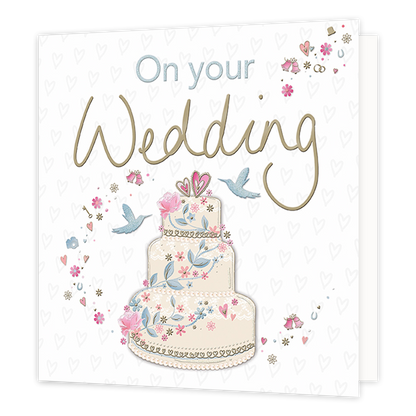 XL kaart - On your wedding - Formaat: Groot - Vorm: Vierkant - Huwelijkskaart - Op deze wenskaart staat een bruidstaart omringt door vogels en bloemen. Bovenaan staan de tekst: "On your wedding". - Snelwenskaart