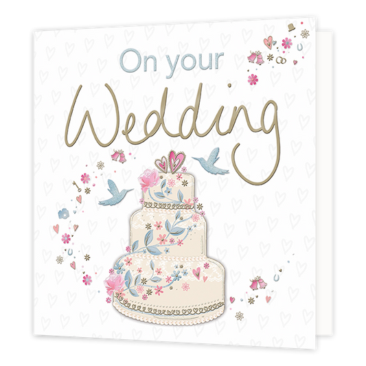 XL kaart - On your wedding - Formaat: Groot - Vorm: Vierkant - Huwelijkskaart - Op deze wenskaart staat een bruidstaart omringt door vogels en bloemen. Bovenaan staan de tekst: "On your wedding". - Snelwenskaart