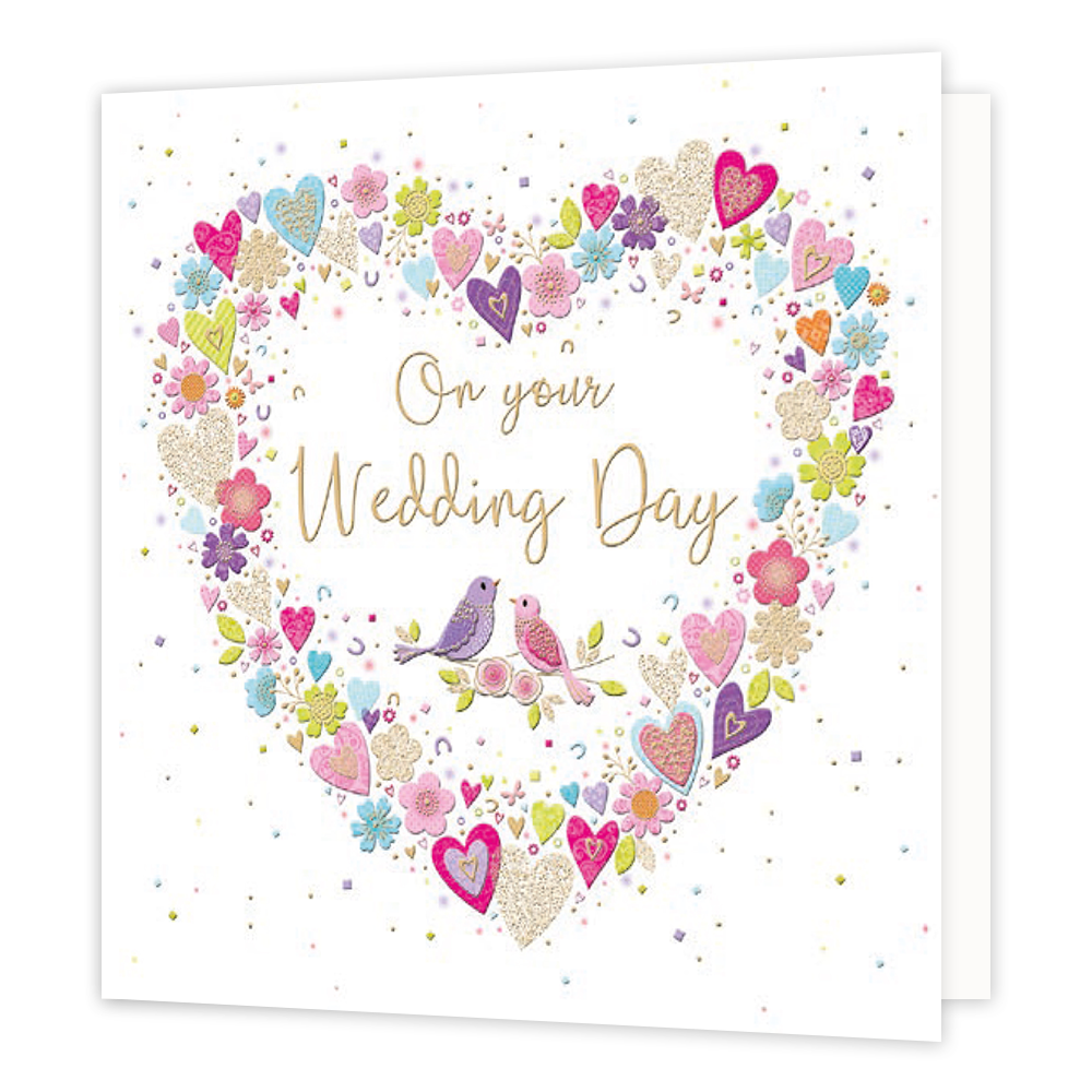 XL kaart - On your wedding day - Formaat: Groot - Vorm: Vierkant - Huwelijkskaart - Op deze wenskaart staat een groot hart gemaakt van kleine hartjes met in het midden twee vogeltjes en de tekst: "On your wedding day". - Snelwenskaart