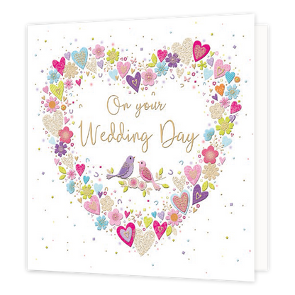 XL kaart - On your wedding day - Formaat: Groot - Vorm: Vierkant - Huwelijkskaart - Op deze wenskaart staat een groot hart gemaakt van kleine hartjes met in het midden twee vogeltjes en de tekst: "On your wedding day". - Snelwenskaart