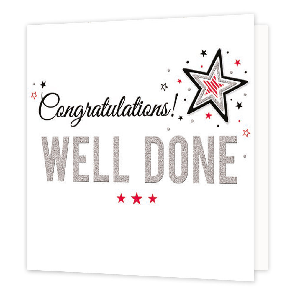 XL kaart - Congratulations well done - Formaat: Groot - Vorm: Vierkant - Complimentenkaart - Op deze wenskaart staat de tekst: 'Congratualtions well done" met sterren op de achtergrond. - Snelwenskaart