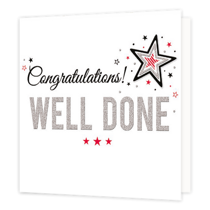XL kaart - Congratulations well done - Formaat: Groot - Vorm: Vierkant - Complimentenkaart - Op deze wenskaart staat de tekst: 'Congratualtions well done" met sterren op de achtergrond. - Snelwenskaart