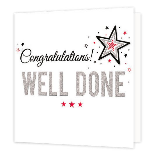 XL kaart - Congratulations well done - Formaat: Groot - Vorm: Vierkant - Complimentenkaart - Op deze wenskaart staat de tekst: 'Congratualtions well done" met sterren op de achtergrond. - Snelwenskaart