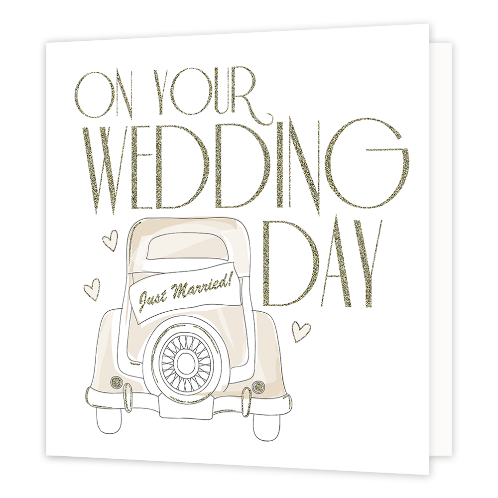XL kaart - On Your wedding day - Formaat: Groot - Vorm: Vierkant - Huwelijkskaart - Op deze wenskaart staat een trouwauto met daarboven de tekst: "On your wedding day". - Snelwenskaart