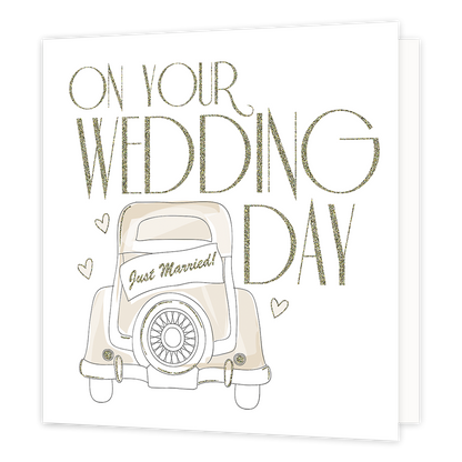 XL kaart - On Your wedding day - Formaat: Groot - Vorm: Vierkant - Huwelijkskaart - Op deze wenskaart staat een trouwauto met daarboven de tekst: "On your wedding day". - Snelwenskaart