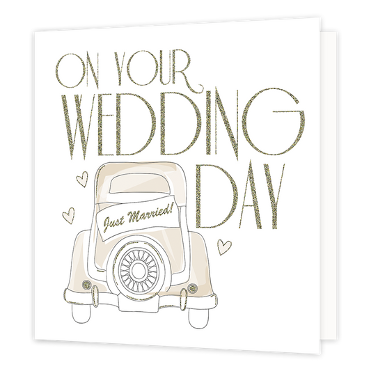 XL kaart - On Your wedding day - Formaat: Groot - Vorm: Vierkant - Huwelijkskaart - Op deze wenskaart staat een trouwauto met daarboven de tekst: "On your wedding day". - Snelwenskaart