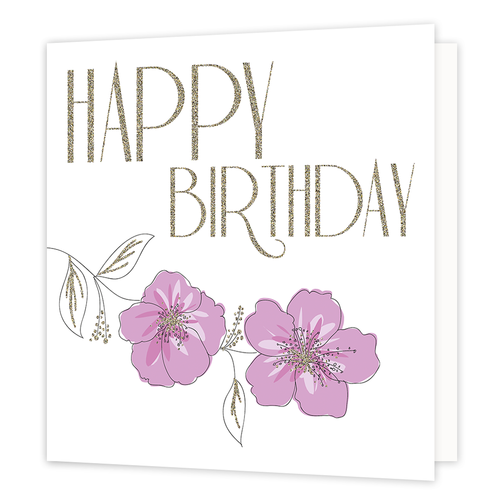 XL kaart - Happy birthday - Formaat: Groot - Vorm: Vierkant - Verjaardagskaart - Op deze wenskaart staan twee paarse bloemen met daarboven de tekst: "Happy birthday". - Snelwenskaart