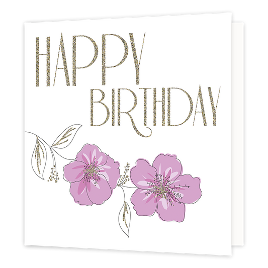 XL kaart - Happy birthday - Formaat: Groot - Vorm: Vierkant - Verjaardagskaart - Op deze wenskaart staan twee paarse bloemen met daarboven de tekst: "Happy birthday". - Snelwenskaart
