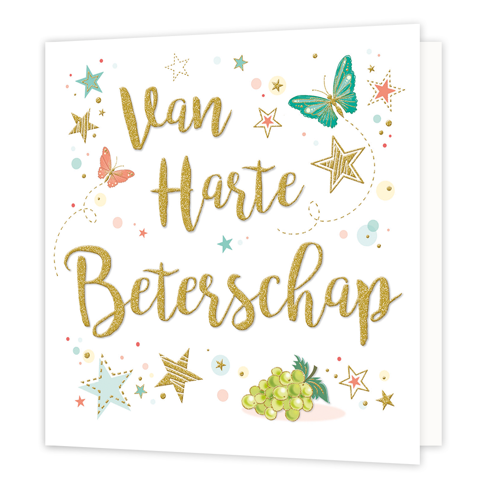 XL kaart - Van harte beterschap - Formaat: Groot - Vorm: Vierkant - Beterschapskaart - Op deze wenskaart staan sterren, vlinders en druiven met in het midden de tekst: "Van harte beterschap". - Snelwenskaart