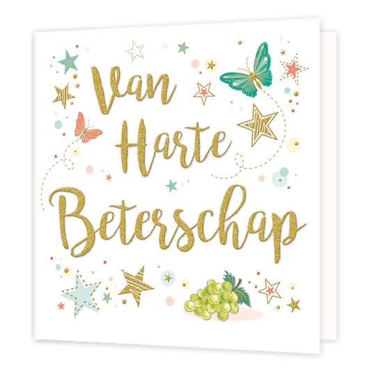 XL kaart - Van harte beterschap - Formaat: Groot - Vorm: Vierkant - Beterschapskaart - Op deze wenskaart staan sterren, vlinders en druiven met in het midden de tekst: "Van harte beterschap". - Snelwenskaart