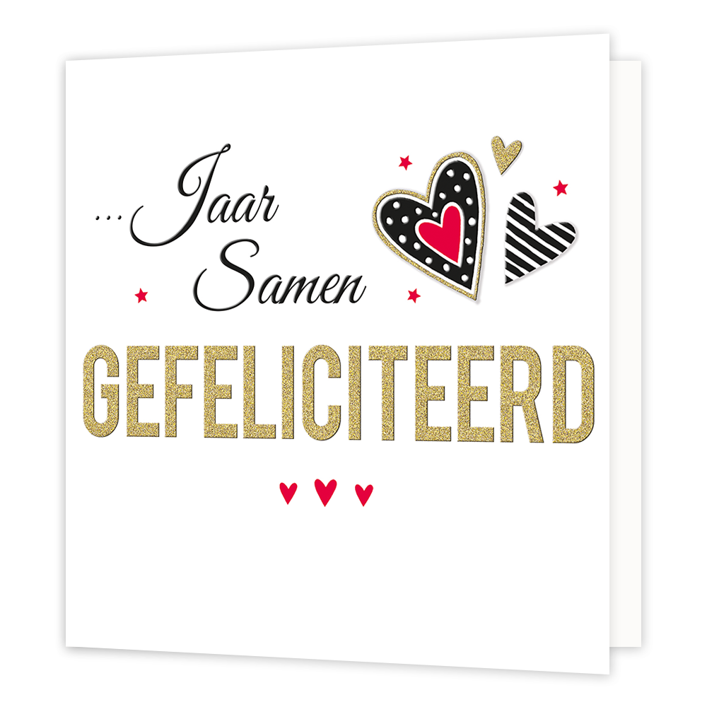 XL kaart - Jaar samen gefeliciteerd - Formaat: Groot - Vorm: Vierkant - Huwelijkskaart - Op deze wenskaart staat de tekst: "... Jaar samen gefeliciteerd" met hartjes erom heen. - Snelwenskaart