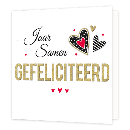 XL kaart - Jaar samen gefeliciteerd - Formaat: Groot - Vorm: Vierkant - Huwelijkskaart - Op deze wenskaart staat de tekst: "... Jaar samen gefeliciteerd" met hartjes erom heen. - Snelwenskaart