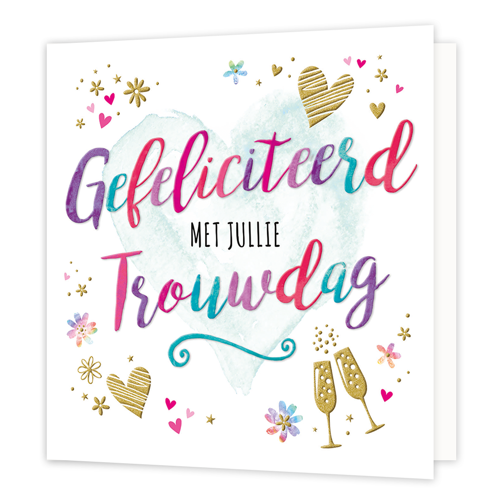 XL kaart - Gefeliciteerd met jullie trouwdag - Formaat: Groot - Vorm: Vierkant - Huwelijkskaart - Op deze wenskaart staat een groot mintgroen hart met de tekst: "Gefeliciteerd met jullie trouwdag" en omringt door hartjes bloemen en champagneglazen. - Snelwenskaart