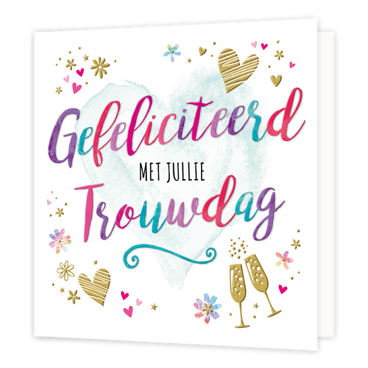 XL kaart - Gefeliciteerd met jullie trouwdag - Formaat: Groot - Vorm: Vierkant - Huwelijkskaart - Op deze wenskaart staat een groot mintgroen hart met de tekst: "Gefeliciteerd met jullie trouwdag" en omringt door hartjes bloemen en champagneglazen. - Snelwenskaart