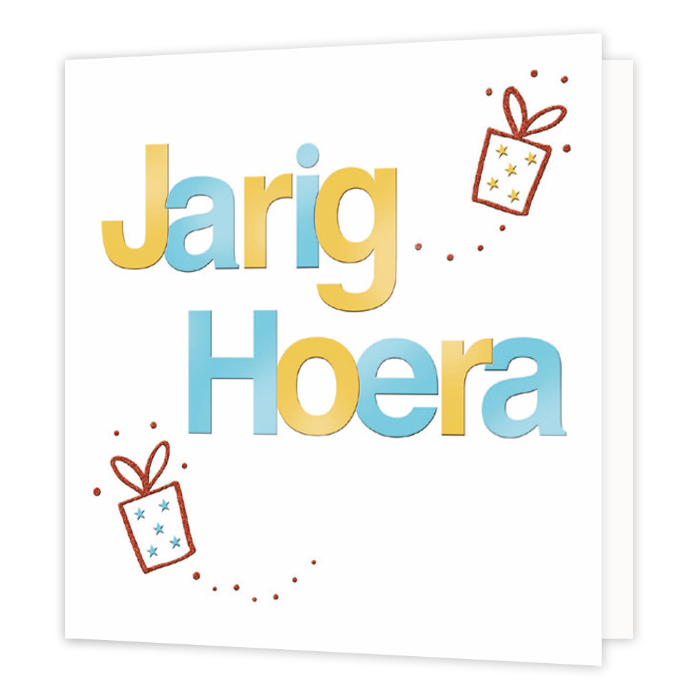 XL kaart - Jarig hoera - Formaat: Groot - Vorm: Vierkant - Verjaardagskaart - Op deze wenskaart staat de tekst: "Jarig hoera" met twee cadeautjes. - Snelwenskaart
