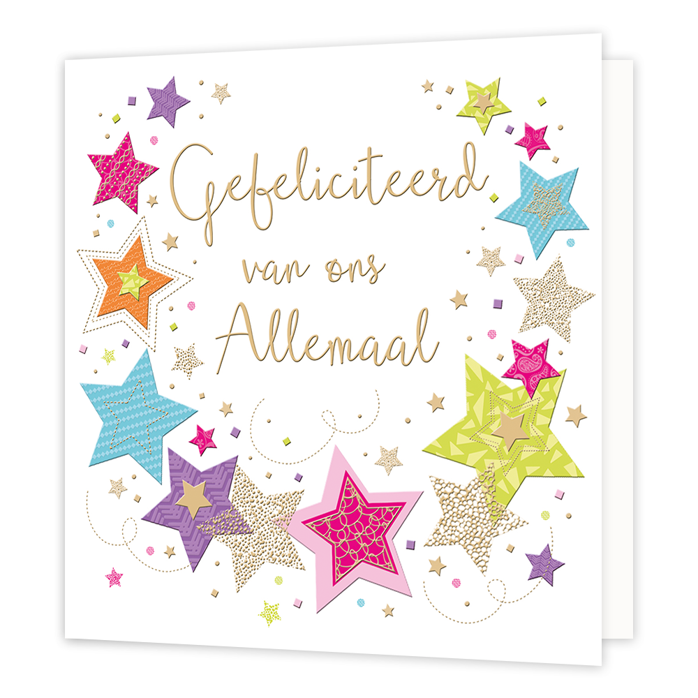 XL kaart - Gefeliciteerd van ons allemaal - Formaat: Groot - Vorm: Vierkant - Felicitatiekaart - Op deze wenskaart staan sterren in diverse kleuren met in het midden de tekst: "Gefeliciteerd van ons allemaal". - Snelwenskaart