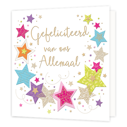 XL kaart - Gefeliciteerd van ons allemaal - Formaat: Groot - Vorm: Vierkant - Felicitatiekaart - Op deze wenskaart staan sterren in diverse kleuren met in het midden de tekst: "Gefeliciteerd van ons allemaal". - Snelwenskaart