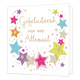 XL kaart - Gefeliciteerd van ons allemaal - Formaat: Groot - Vorm: Vierkant - Felicitatiekaart - Op deze wenskaart staan sterren in diverse kleuren met in het midden de tekst: "Gefeliciteerd van ons allemaal". - Snelwenskaart
