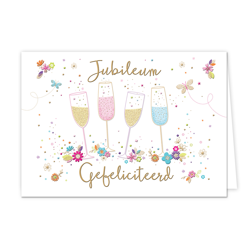Jubileum gefeliciteerd - Formaat: Standaard - Vorm: Liggend - Jubileumkaart - Op deze wenskaart staan vier champagneglazen omringt door vlinders en bloemen. In de illustratie staat de tekst: "Jubileum gefeliciteerd". - Snelwenskaart
