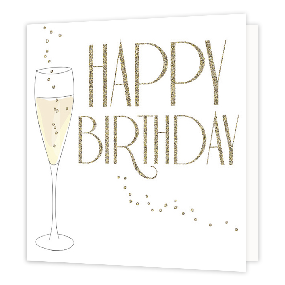 Happy birthday - Formaat: Normaal - Vorm: Vierkant - Verjaardagskaart - Op deze wenskaart staat een champagneglas met daarnaast de tekst: "Happy birthday". - Snelwenskaart