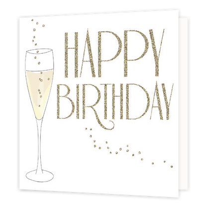 Happy birthday - Formaat: Normaal - Vorm: Vierkant - Verjaardagskaart - Op deze wenskaart staat een champagneglas met daarnaast de tekst: "Happy birthday". - Snelwenskaart