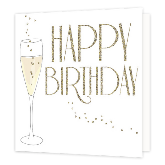Happy birthday - Formaat: Normaal - Vorm: Vierkant - Verjaardagskaart - Op deze wenskaart staat een champagneglas met daarnaast de tekst: "Happy birthday". - Snelwenskaart