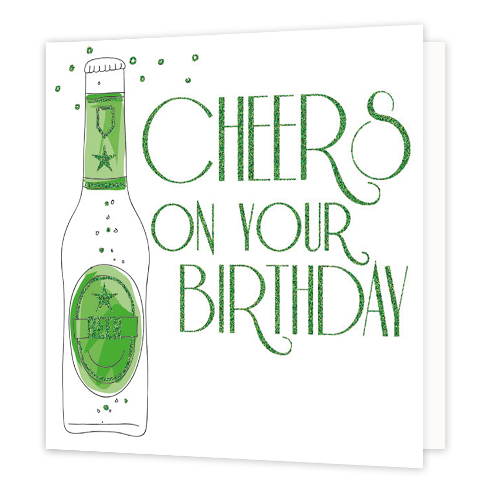 Cheers in your birthday - Formaat: Normaal - Vorm: Vierkant - Verjaardagskaart - Op deze wenskaart staat een bierflesje met daarnaast de tekst: "Cheers on your birthday". - Snelwenskaart