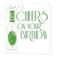 Cheers in your birthday - Formaat: Standaard - Vorm: Vierkant - Verjaardagskaart - Op deze wenskaart staat een bierflesje met daarnaast de tekst: "Cheers on your birthday". - Snelwenskaart