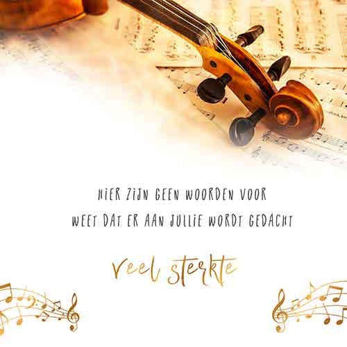 Op deze wenskaart staat een viool met bladmuziek. Daaronder staat de tekst: "Hier zijn geen woorden voor, weet dat er aan jullie wordt gedacht. Veel sterkte".