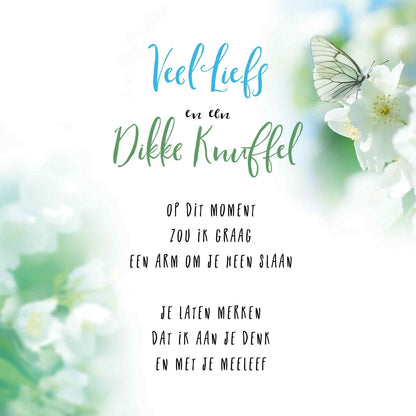 Op deze wenskaart staan witte bloemen en een vlinder met de tekst: "Veel liefs en een dikke knuffel. Opdit moment zou ik graag een arm om je heen slaan, je laten merken dat ik aan je denk en met je meeleef".
