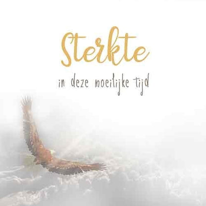Op deze wenskaart staat een arend zie boven de bergen vliegt. In de illustratie staat de tekst: "Sterkte in deze moeilijke tijd".