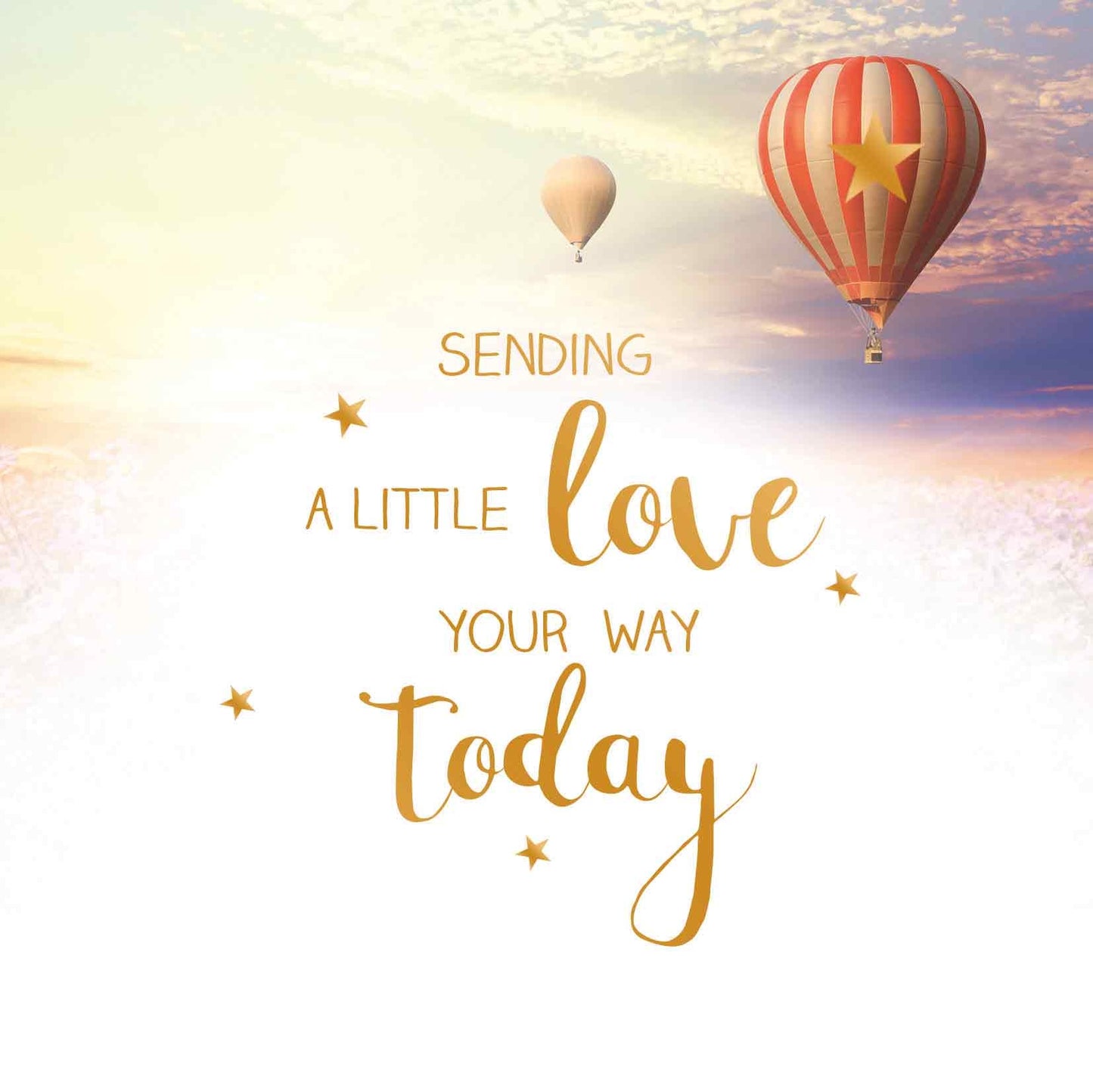 Op deze wenskaart staan twee luchtballonnen die door de wolken zweven. In het midden staat de tekst: "Sending a little love your way today".