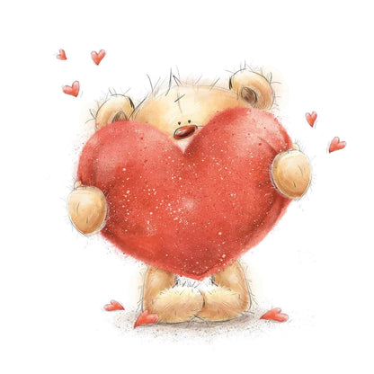 Op deze wenskaart staat een beer die een groot rood hart vasthoudt, omringt door kleinere hartjes.
