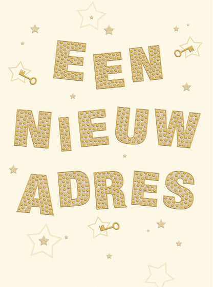 Op deze wenskaart staat de tekst: "Een nieuw adres".