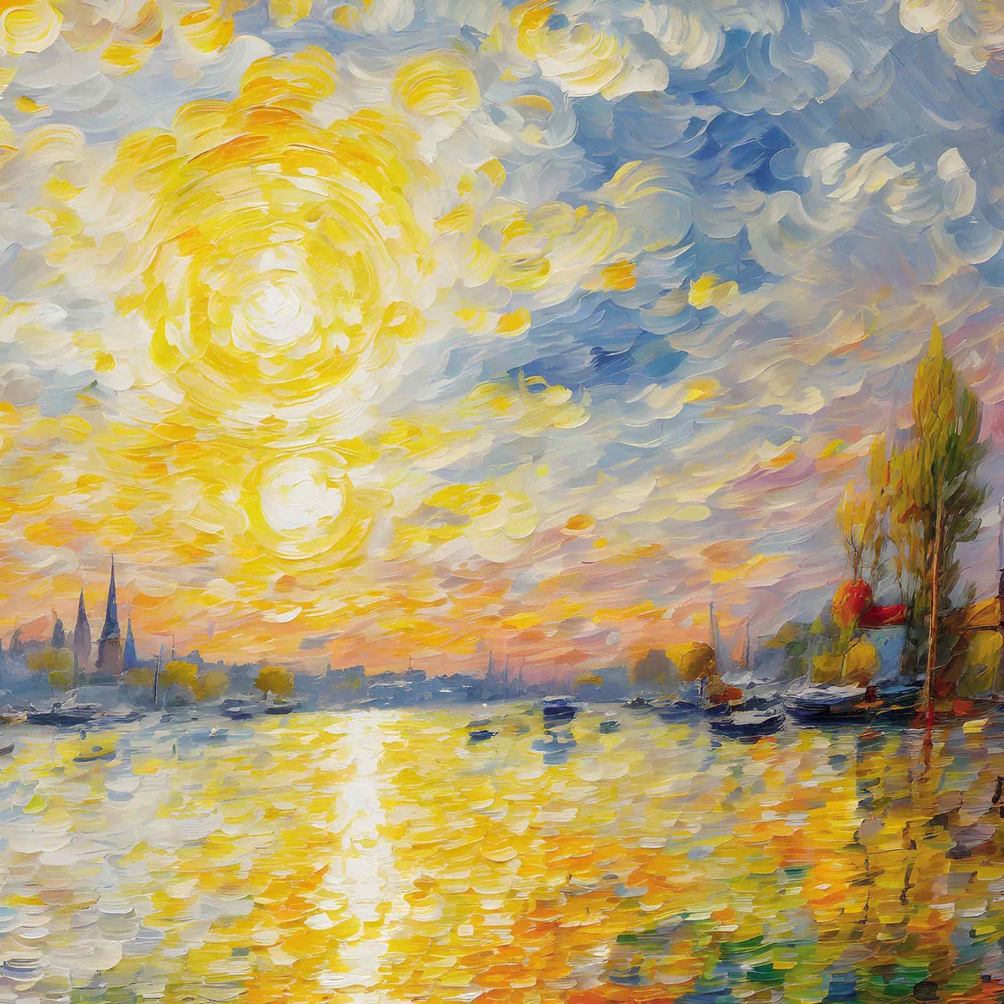 Op deze wenskaart is een haven te zien met een schijnende zon.