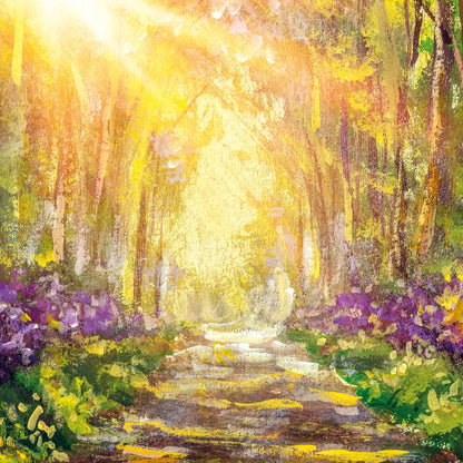 Op deze wenskaart staat een pad dat door een bos loopt.